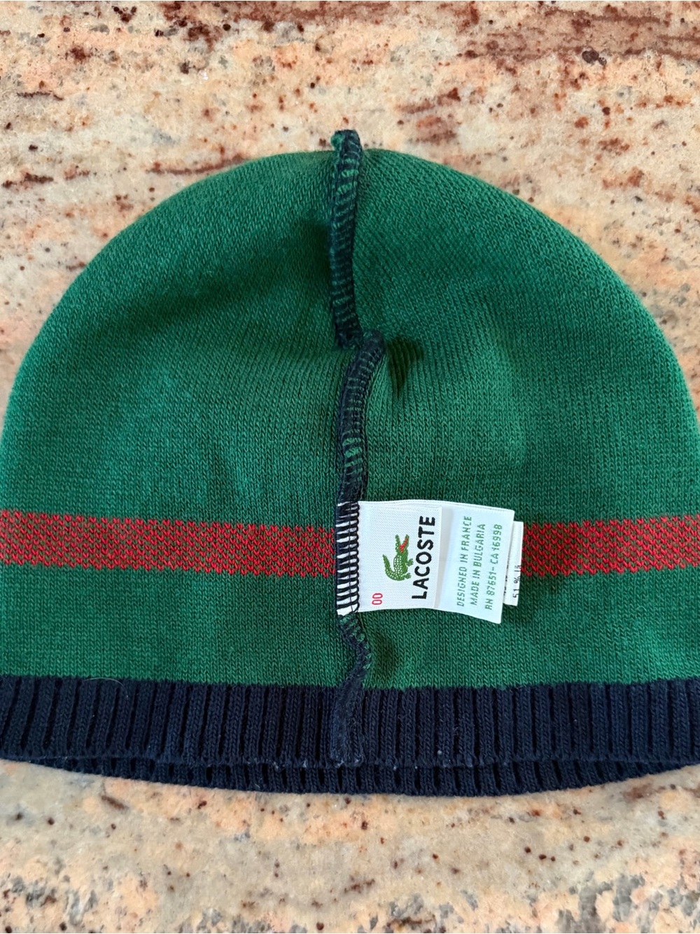Lacoste Kids Navy Knit Beanie with Green Crocodile and Red Accent - Picture 2 of 2